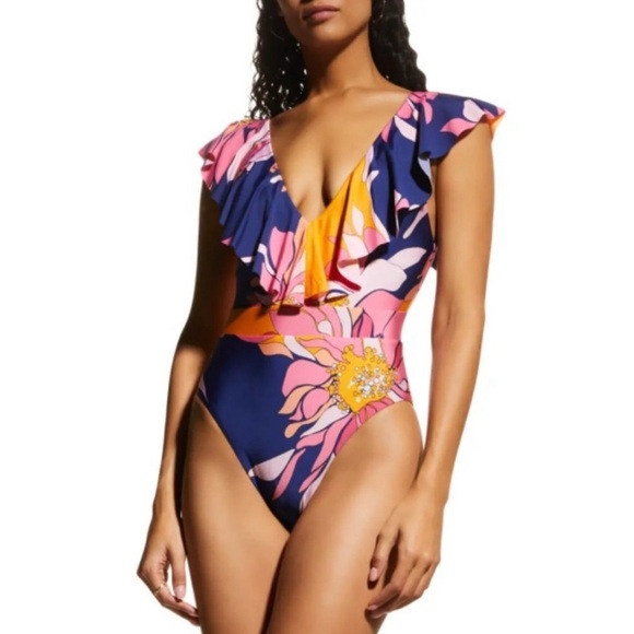 Trina Turk Breeze Ruffle Plunge Floral Tie Back One Piece Swimsuit Size 12 - Picture 3 of 8